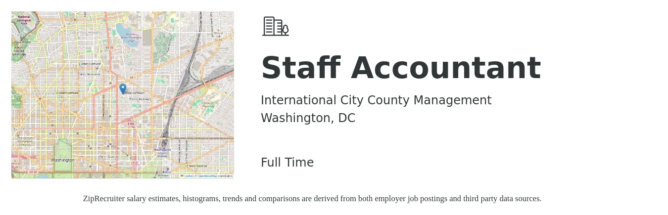 International City County Management job posting for a Staff Accountant in Washington, DC with a salary of $62,300 to $82,100 Yearly with a map of Washington location.