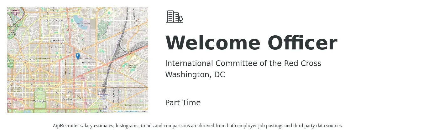 International Committee of the Red Cross job posting for a Welcome Officer in Washington, DC with a salary of $44,600 to $115,700 Yearly with a map of Washington location.
