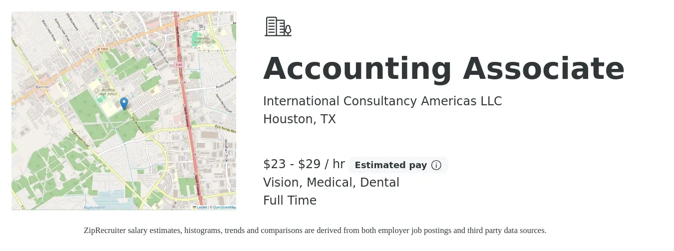 International Consultancy Americas LLC job posting for a Accounting Associate in Houston, TX with a salary of $24 to $31 Hourly and benefits including pto, retirement, vision, dental, and medical with a map of Houston location.