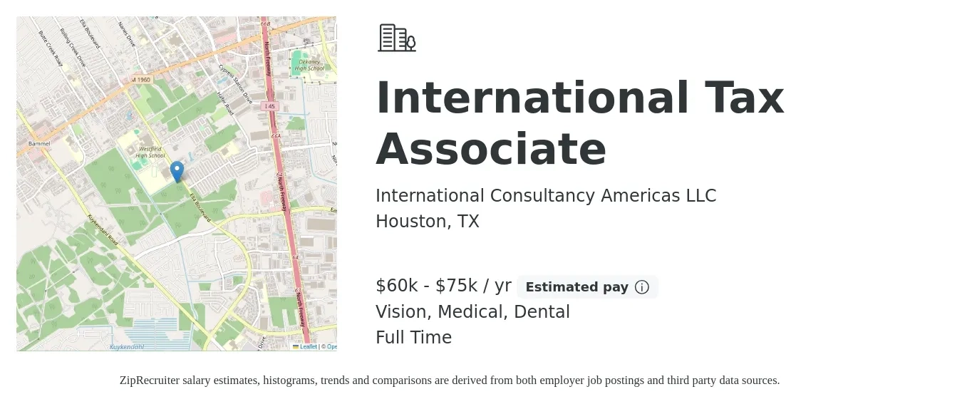 International Consultancy Americas LLC job posting for a International Tax Associate in Houston, TX with a salary of $60,000 to $80,000 Yearly and benefits including retirement, vision, dental, medical, and pto with a map of Houston location.
