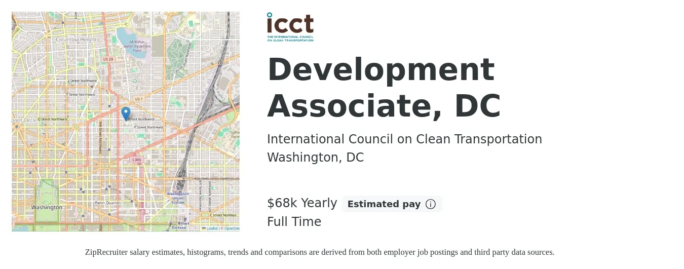 International Council on Clean Transportation job posting for a Development Associate, DC in Washington, DC with a salary of $68,700 to $75,600 Yearly with a map of Washington location.