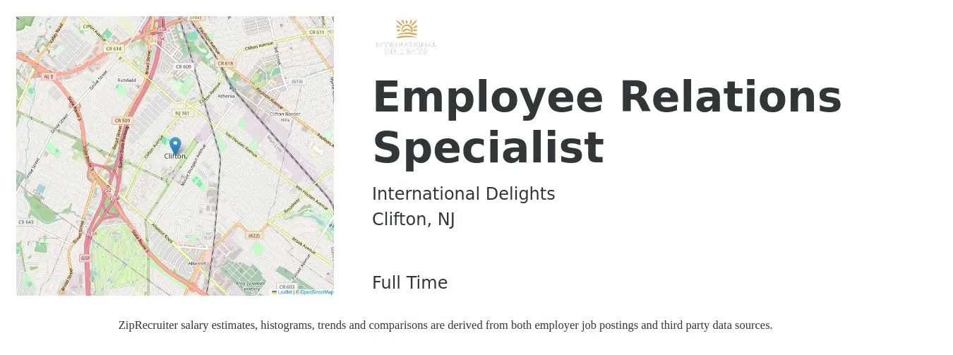 International Delights job posting for a Employee Relations Specialist in Clifton, NJ with a salary of $59,700 to $90,000 Yearly with a map of Clifton location.
