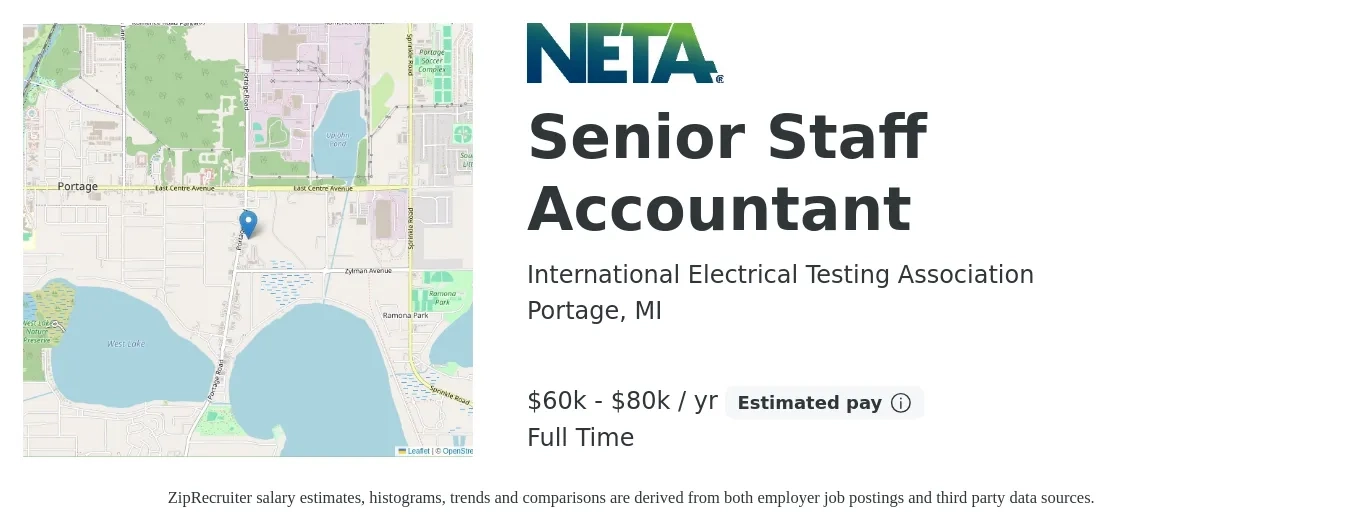 International Electrical Testing Association job posting for a Senior Staff Accountant in Portage, MI with a salary of $60,000 to $80,000 Yearly with a map of Portage location.