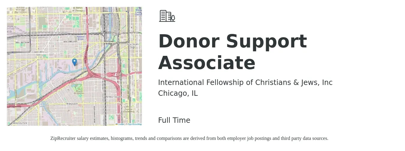 International Fellowship of Christians & Jews, Inc job posting for a Donor Support Associate in Chicago, IL with a salary of $18 to $23 Hourly with a map of Chicago location.