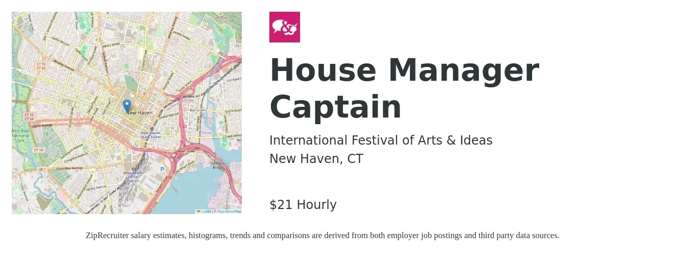 International Festival of Arts & Ideas job posting for a House Manager Captain in New Haven, CT with a salary of $22 Hourly with a map of New Haven location.