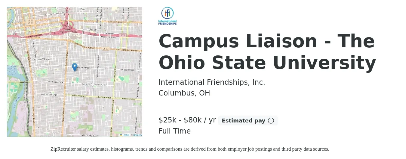 International Friendships, Inc. job posting for a Campus Liaison - The Ohio State University in Columbus, OH with a salary of $12 to $14 Hourly with a map of Columbus location.