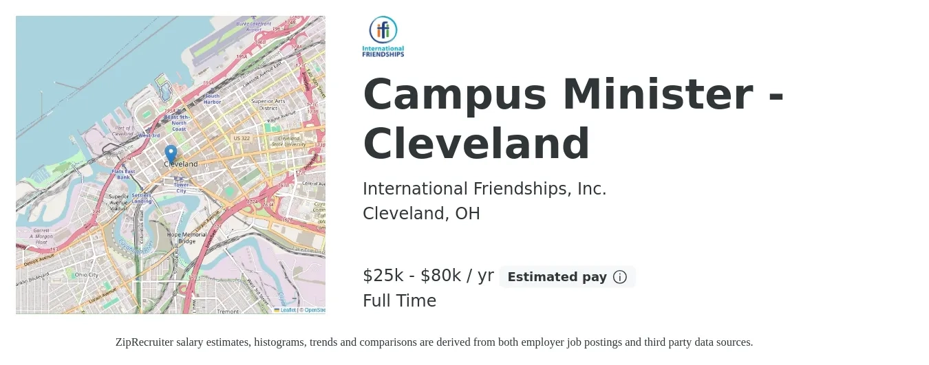 International Friendships, Inc. job posting for a Campus Minister - Cleveland in Cleveland, OH with a salary of $25,709 to $80,000 Yearly with a map of Cleveland location.