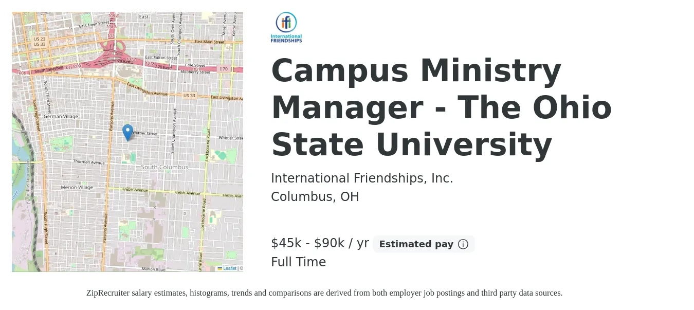 International Friendships, Inc. job posting for a Campus Ministry Manager - The Ohio State University in Columbus, OH with a salary of $45,000 to $90,000 Yearly with a map of Columbus location.