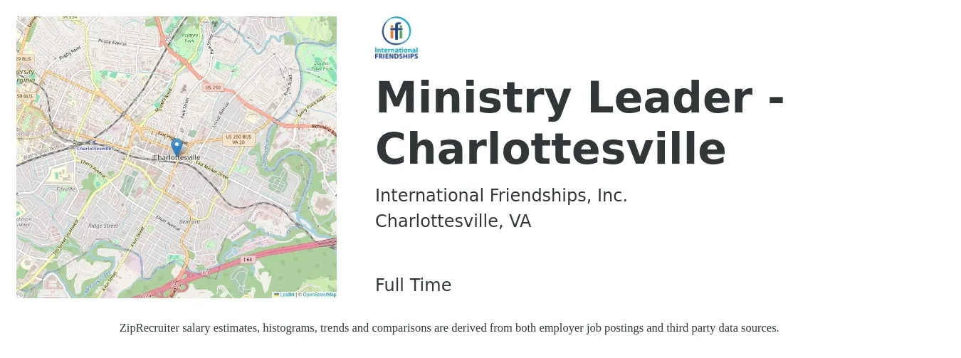 International Friendships, Inc. job posting for a Ministry Leader - Charlottesville in Charlottesville, VA with a salary of $25,709 to $80,000 Yearly with a map of Charlottesville location.