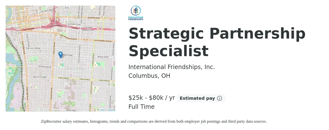 International Friendships, Inc. job posting for a Strategic Partnership Specialist in Columbus, OH with a salary of $25,709 to $80,000 Yearly with a map of Columbus location.
