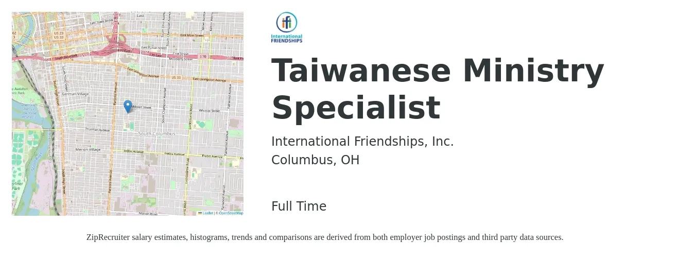 International Friendships, Inc. job posting for a Taiwanese Ministry Specialist in Columbus, OH with a salary of $25,709 to $80,000 Yearly with a map of Columbus location.