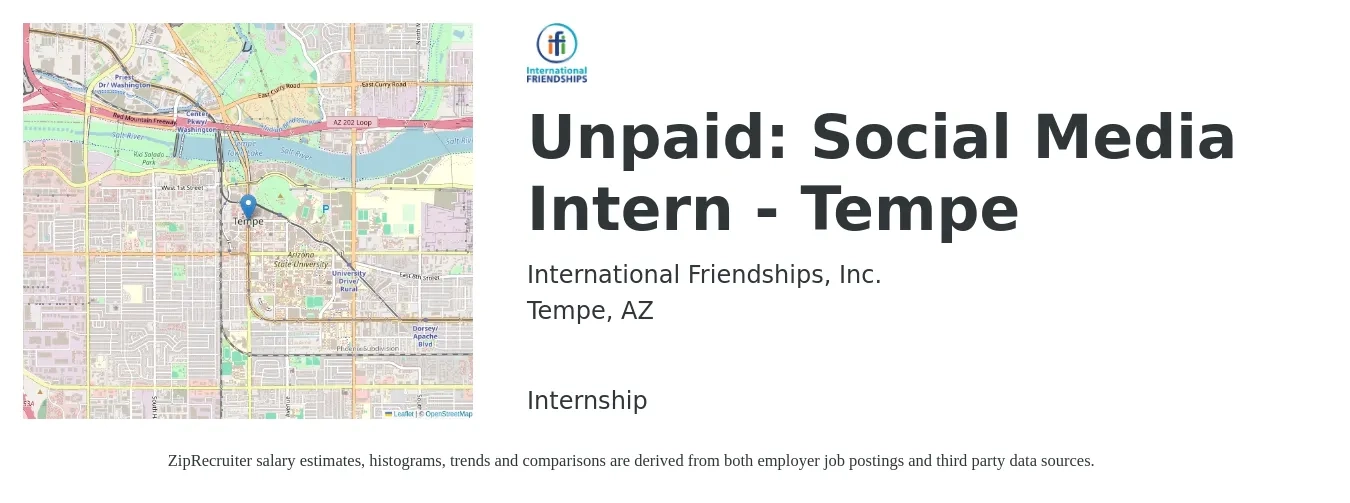 International Friendships, Inc. job posting for a Unpaid: Social Media Intern - Tempe in Tempe, AZ with a salary of $14 to $19 Hourly with a map of Tempe location.