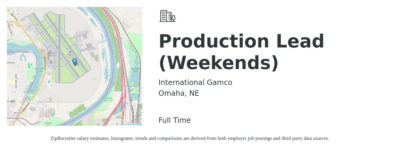 International Gamco job posting for a Production Lead (Weekends) in Omaha, NE with a salary of $16 to $22 Hourly with a map of Omaha location.