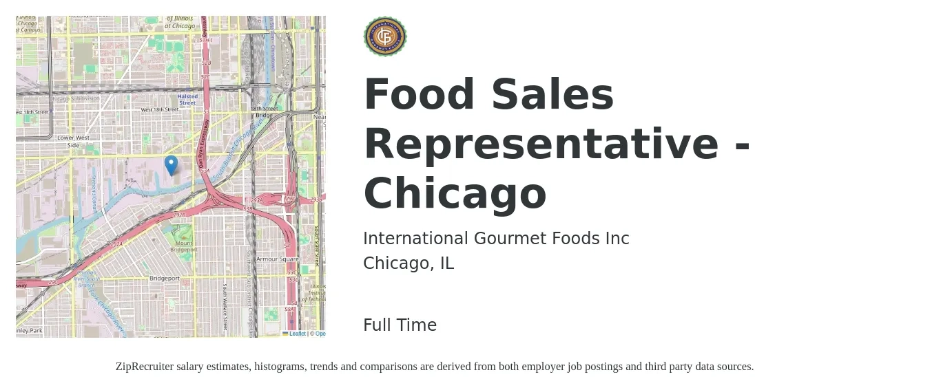 International Gourmet Foods Inc job posting for a Food Sales Representative - Chicago in Chicago, IL with a salary of $55,200 to $95,900 Yearly with a map of Chicago location.