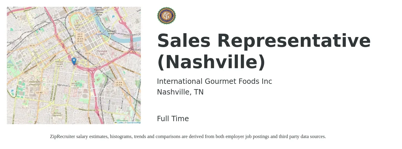 International Gourmet Foods Inc job posting for a Sales Representative (Nashville) in Nashville, TN with a salary of $51,700 to $89,800 Yearly with a map of Nashville location.
