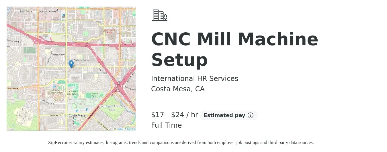 International HR Services job posting for a CNC Mill Machine Setup in Costa Mesa, CA with a salary of $18 to $25 Hourly with a map of Costa Mesa location.