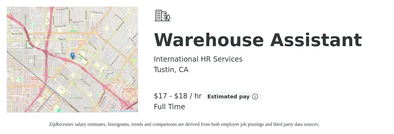 International HR Services job posting for a Warehouse Assistant in Tustin, CA with a salary of $18 to $19 Hourly with a map of Tustin location.