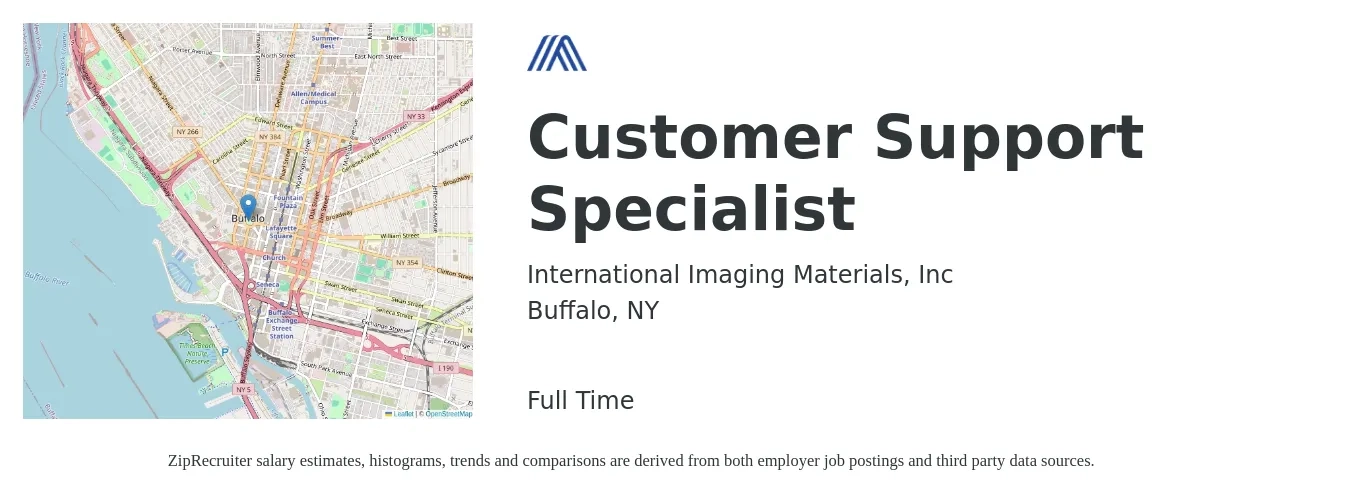 International Imaging Materials, Inc job posting for a Customer Support Specialist in Buffalo, NY with a salary of $24 to $26 Yearly with a map of Buffalo location.