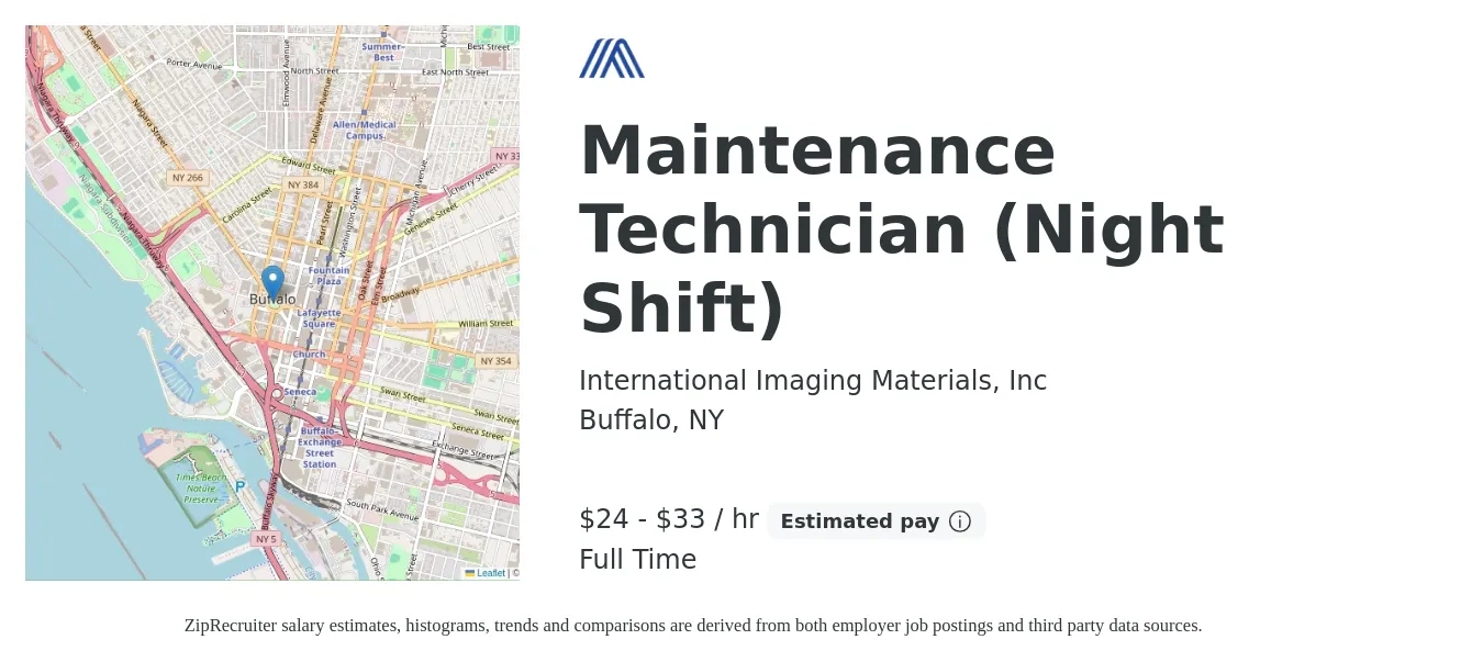 International Imaging Materials, Inc job posting for a Maintenance Technician (Night Shift) in Buffalo, NY with a salary of $25 to $35 Hourly with a map of Buffalo location.