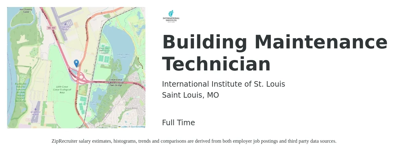 International Institute of St. Louis job posting for a Building Maintenance Technician in Saint Louis, MO with a salary of $18 to $24 Hourly with a map of Saint Louis location.