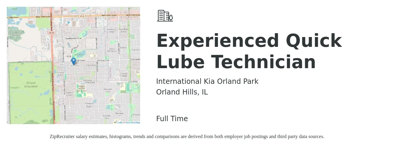 International Kia Orland Park job posting for a Experienced Quick Lube Technician in Orland Hills, IL with a salary of $13 to $18 Hourly with a map of Orland Hills location.