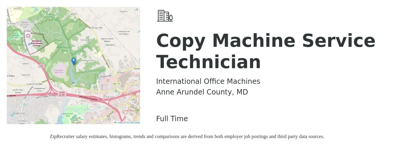International Office Machines job posting for a Copy Machine Service Technician in Anne Arundel County, MD with a salary of $20 to $29 Hourly with a map of Anne Arundel County location.