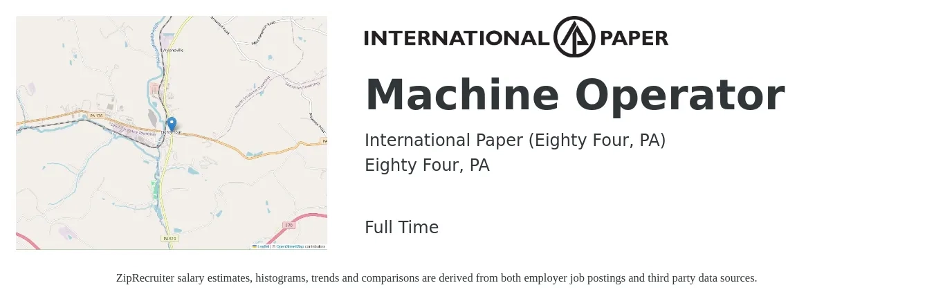 International Paper (Eighty Four, PA) job posting for a Machine Operator in Eighty Four, PA with a salary of $20 to $24 Hourly with a map of Eighty Four location.