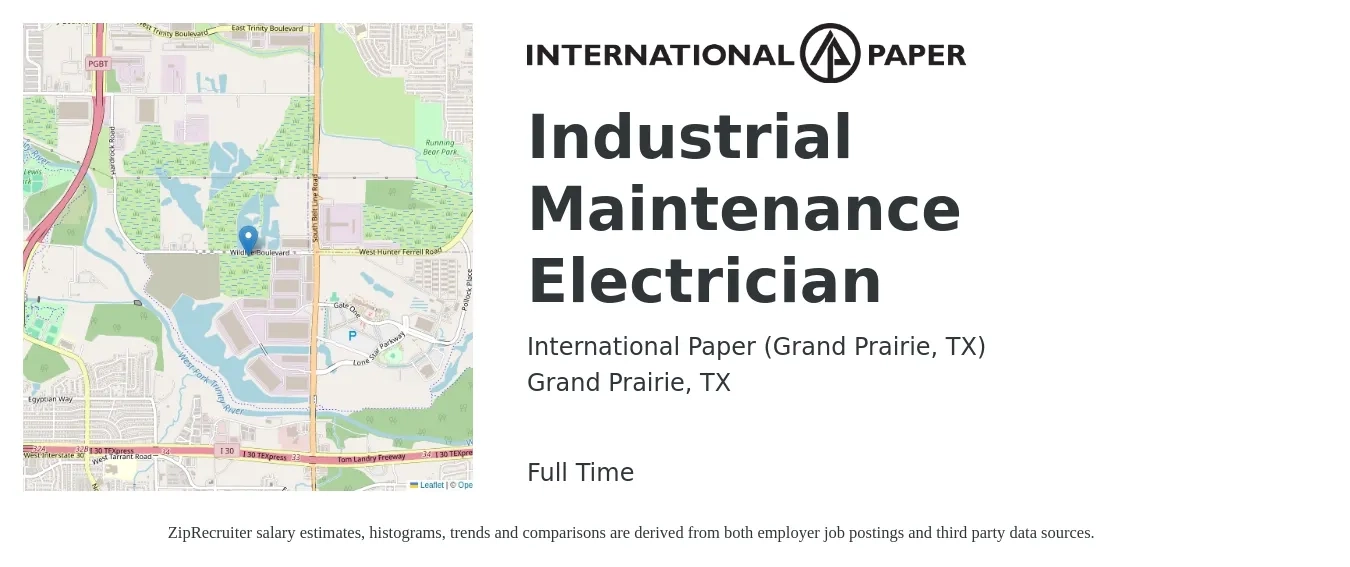 International Paper (Grand Prairie, TX) job posting for a Industrial Maintenance Electrician in Grand Prairie, TX with a salary of $27 to $34 Hourly with a map of Grand Prairie location.