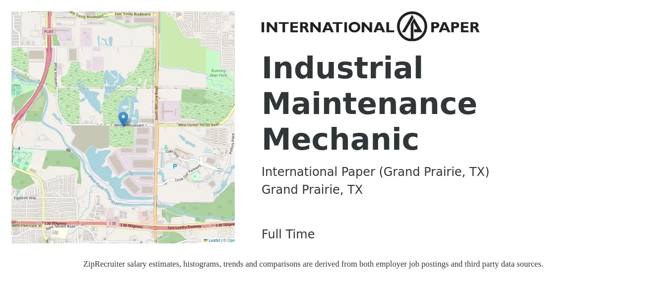International Paper (Grand Prairie, TX) job posting for a Industrial Maintenance Mechanic in Grand Prairie, TX with a salary of $24 to $30 Hourly with a map of Grand Prairie location.