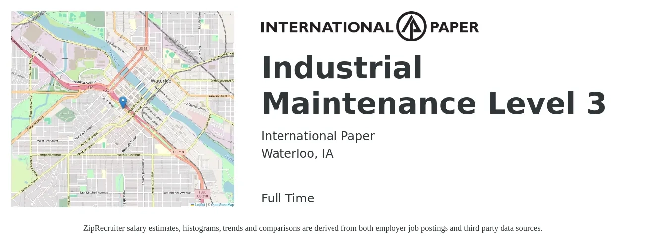 International Paper (Waterloo, IA) job posting for a Industrial Maintenance Level 3 in Waterloo, IA with a salary of $34 to $37 Hourly with a map of Waterloo location.