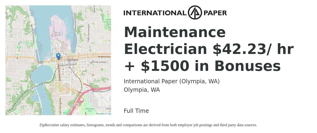 International Paper (Olympia, WA) job posting for a Maintenance Electrician $42.23/ hr + $1500 in Bonuses in Olympia, WA with a salary of $42 Hourly with a map of Olympia location.