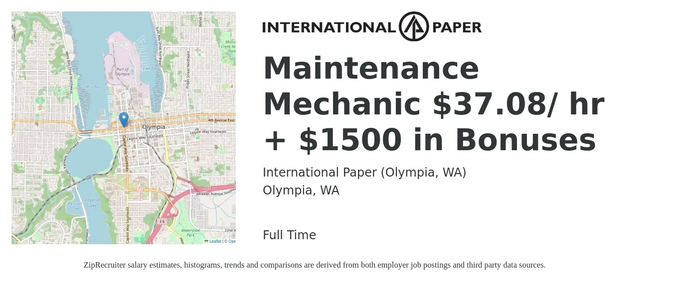 International Paper (Olympia, WA) job posting for a Maintenance Mechanic $37.08/ hr + $1500 in Bonuses in Olympia, WA with a salary of $37 Hourly with a map of Olympia location.