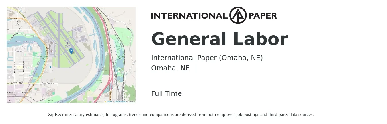 International Paper (Omaha, NE) job posting for a General Labor in Omaha, NE with a salary of $20 to $25 Hourly with a map of Omaha location.