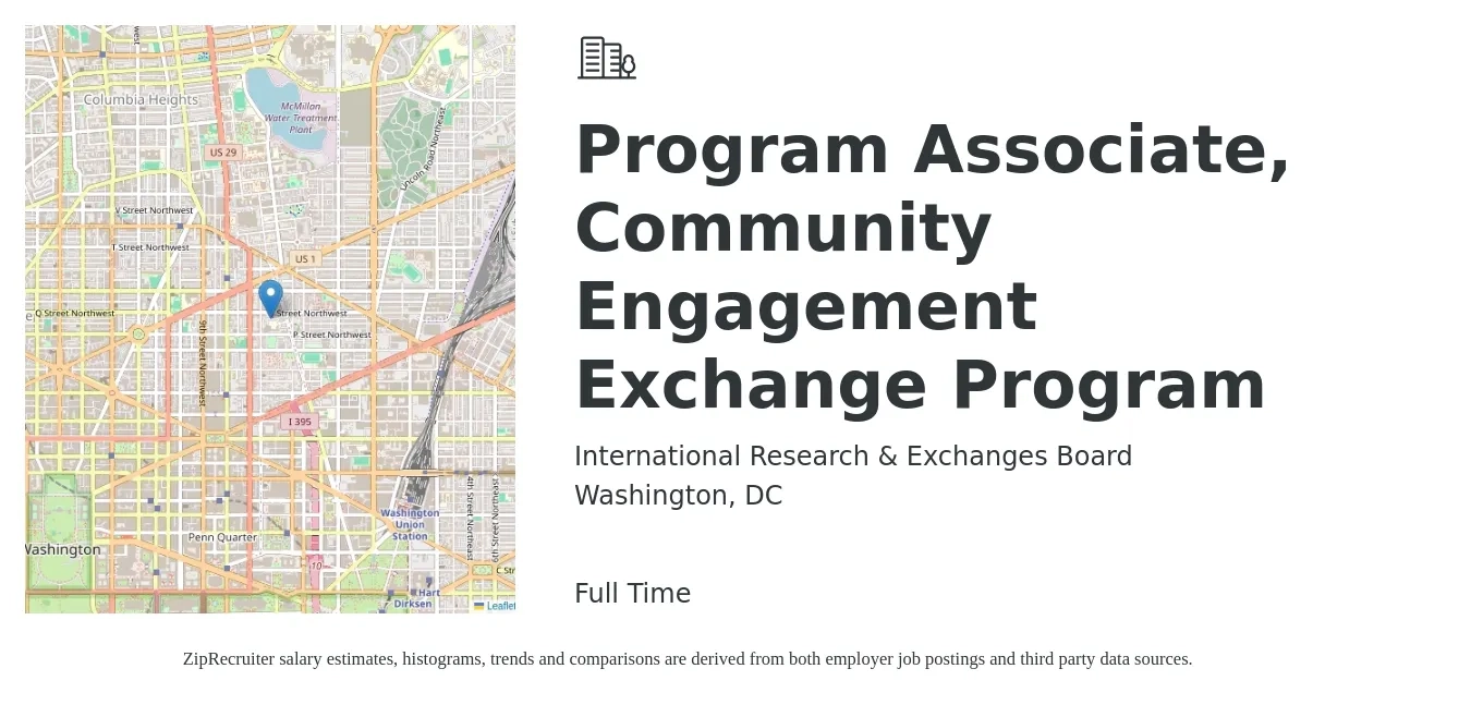 International Research & Exchanges Board job posting for a Program Associate, Community Engagement Exchange Program in Washington, DC with a salary of $45,300 to $67,400 Yearly with a map of Washington location.