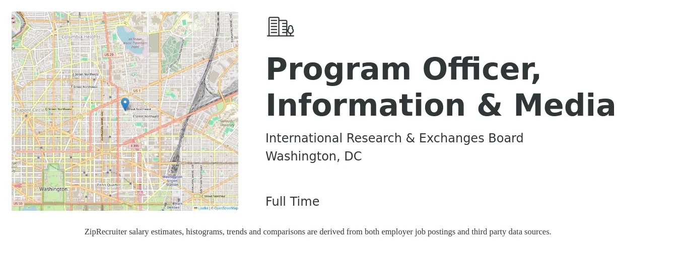 International Research & Exchanges Board job posting for a Program Officer, Information & Media in Washington, DC with a salary of $81,000 to $149,500 Yearly with a map of Washington location.