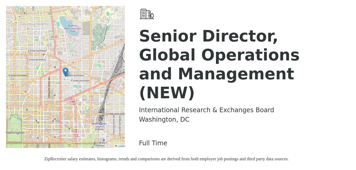 International Research & Exchanges Board job posting for a Senior Director, Global Operations and Management (NEW) in Washington, DC with a salary of $85,500 to $153,400 Yearly with a map of Washington location.