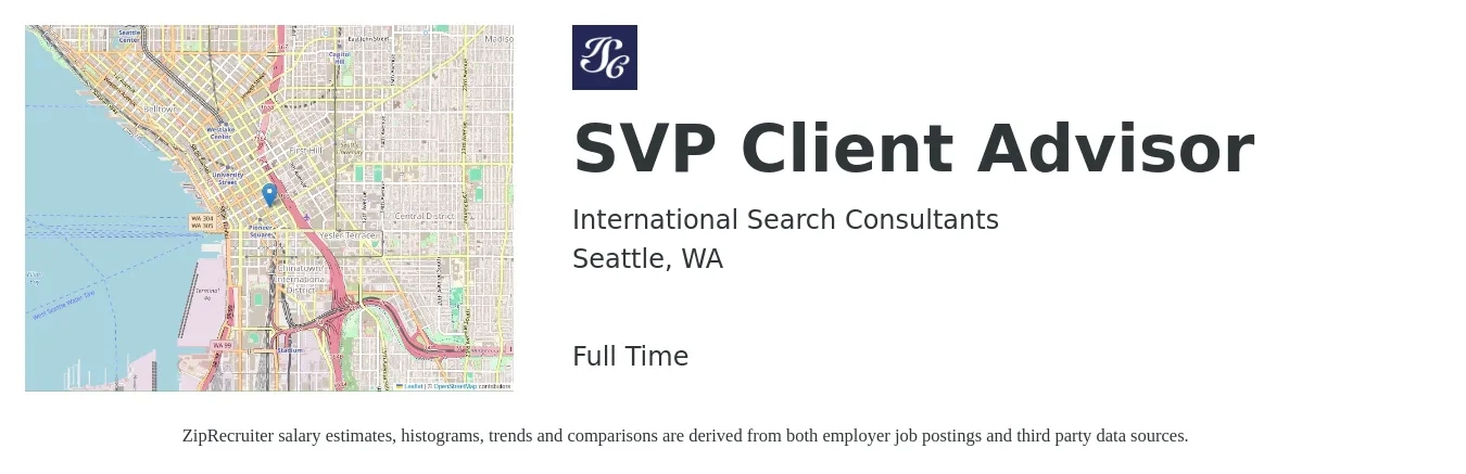 International Search Consultants job posting for a SVP Client Advisor in Seattle, WA with a salary of $22 to $35 Hourly with a map of Seattle location.