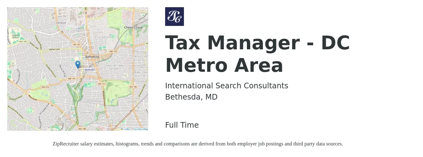 International Search Consultants job posting for a Tax Manager - DC Metro Area in Bethesda, MD with a salary of $118,500 to $155,300 Yearly with a map of Bethesda location.