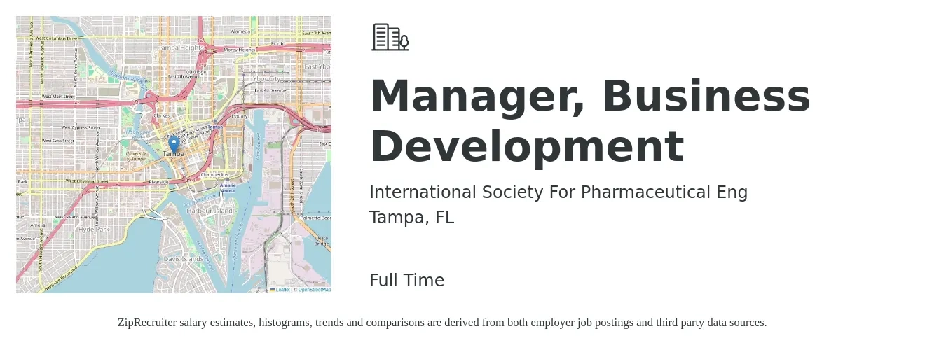 International Society For Pharmaceutical Eng job posting for a Manager, Business Development in Tampa, FL with a salary of $57,600 to $94,500 Yearly with a map of Tampa location.