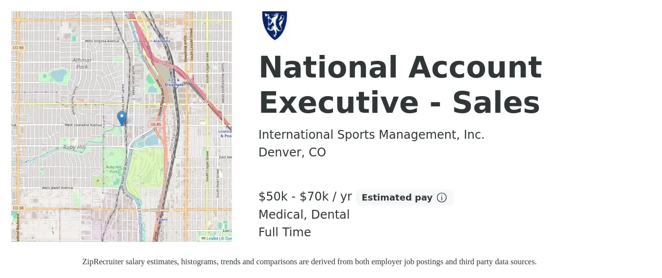 International Sports Management, Inc. job posting for a National Account Executive - Sales in Denver, CO with a salary of $50,000 to $70,000 Yearly and benefits including dental, medical, and retirement with a map of Denver location.