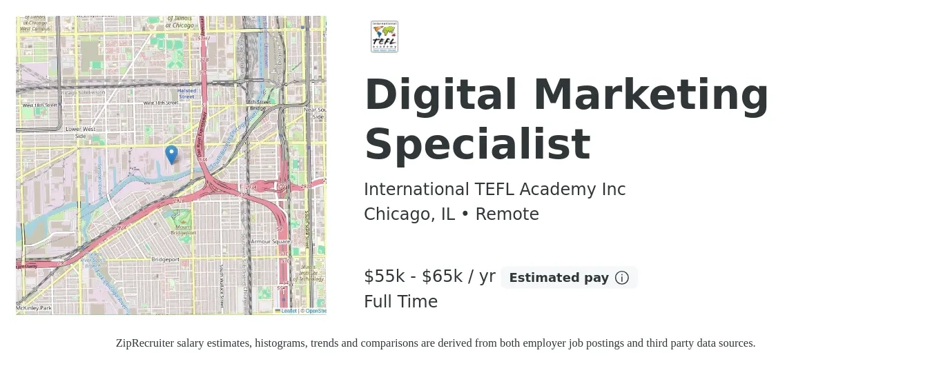 International TEFL Academy Inc job posting for a Digital Marketing Specialist in Chicago, IL with a salary of $55,000 to $65,000 Yearly with a map of Chicago location.