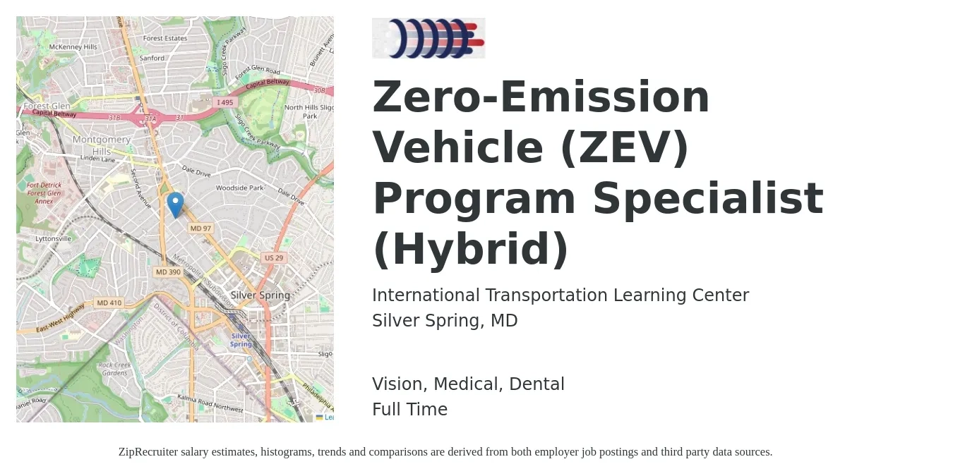 International Transportation Learning Center job posting for a Zero-Emission Vehicle (ZEV) Program Specialist (Hybrid) in Silver Spring, MD with a salary of $14 to $24 Hourly and benefits including life_insurance, medical, retirement, vision, and dental with a map of Silver Spring location.