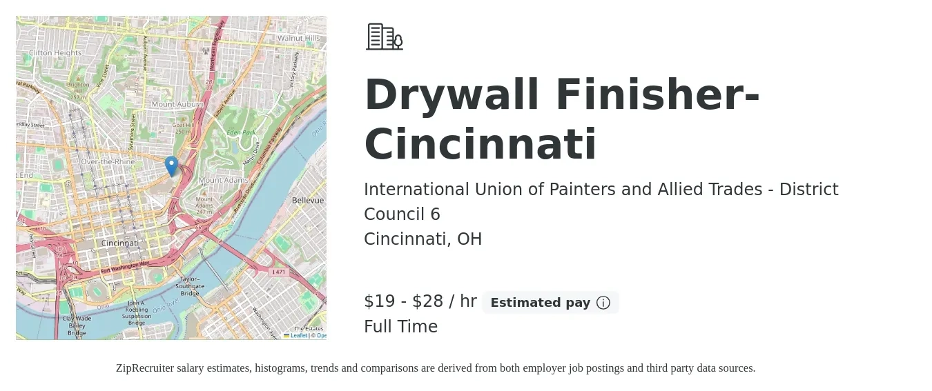 International Union of Painters and Allied Trades - District Council 6 job posting for a Drywall Finisher- Cincinnati in Cincinnati, OH with a salary of $20 to $30 Hourly with a map of Cincinnati location.