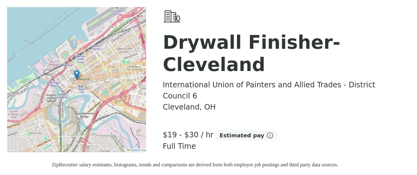 International Union of Painters and Allied Trades - District Council 6 job posting for a Drywall Finisher- Cleveland in Cleveland, OH with a salary of $20 to $32 Hourly with a map of Cleveland location.