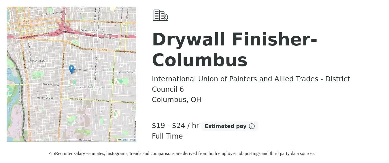 International Union of Painters and Allied Trades - District Council 6 job posting for a Drywall Finisher- Columbus in Columbus, OH with a salary of $20 to $25 Hourly with a map of Columbus location.