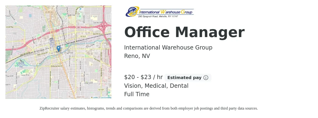 International Warehouse Group job posting for a Office Manager in Reno, NV with a salary of $21 to $24 Hourly and benefits including dental, medical, retirement, and vision with a map of Reno location.