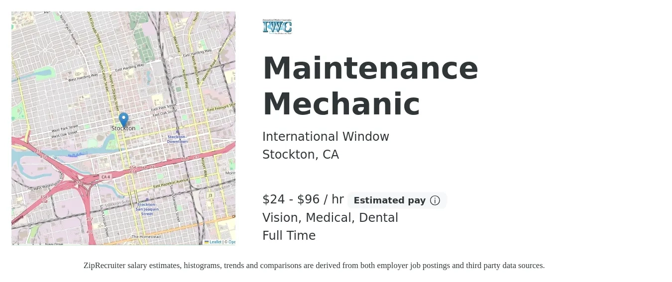 International Window job posting for a Maintenance Mechanic in Stockton, CA with a salary of $25 to $100 Hourly and benefits including dental, medical, retirement, and vision with a map of Stockton location.