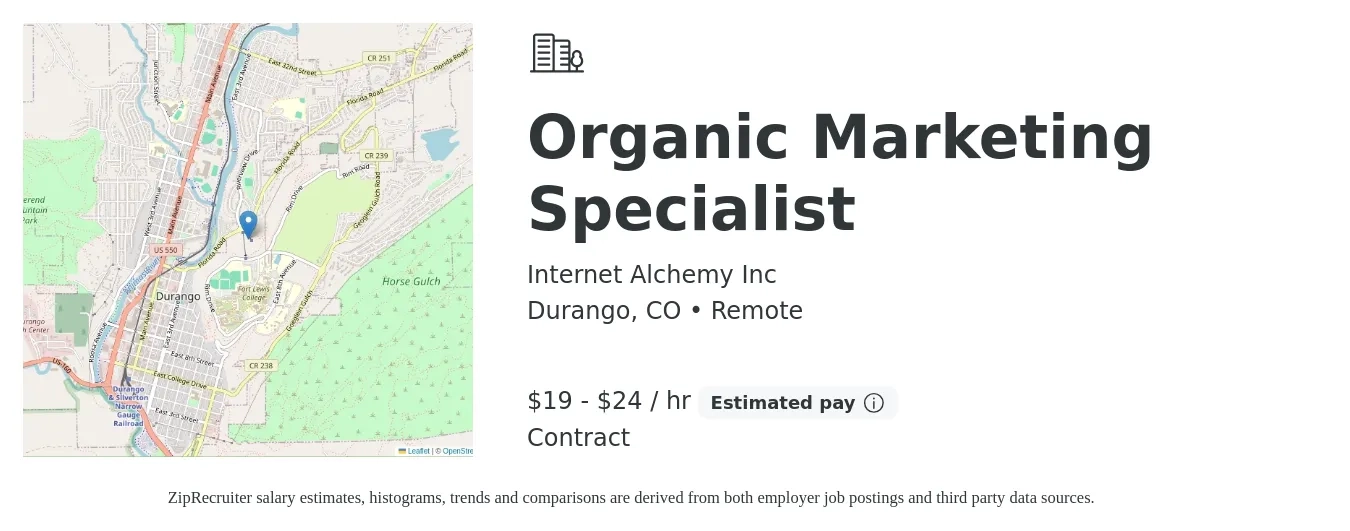 Internet Alchemy Inc job posting for a Organic Marketing Specialist in Durango, CO with a salary of $20 to $25 Hourly with a map of Durango location.