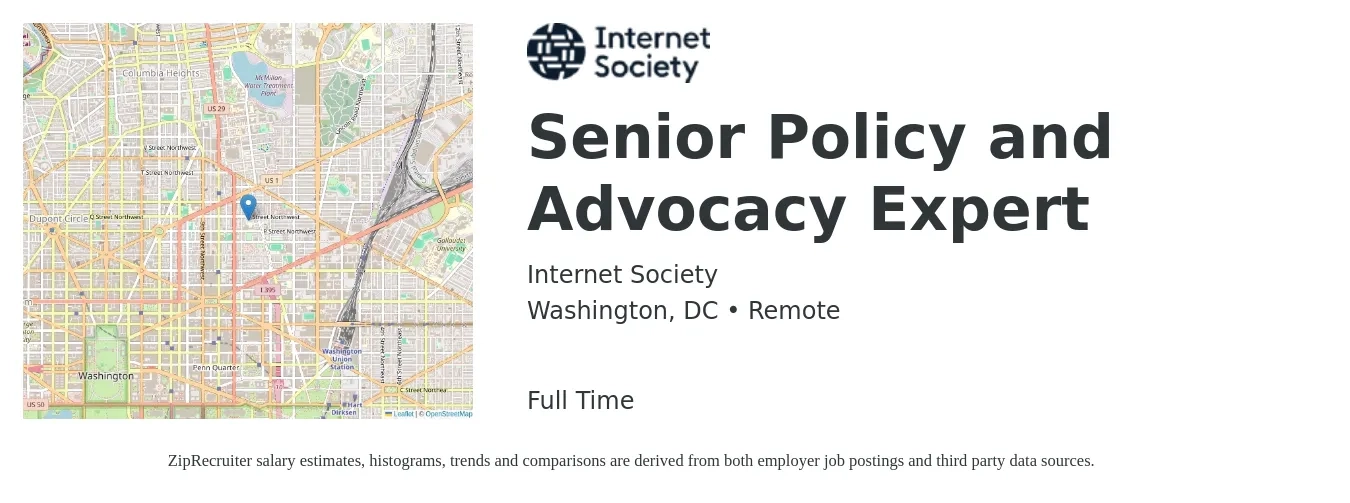 Internet Society job posting for a Senior Policy and Advocacy Expert in Washington, DC with a salary of $112,100 to $171,600 Yearly with a map of Washington location.