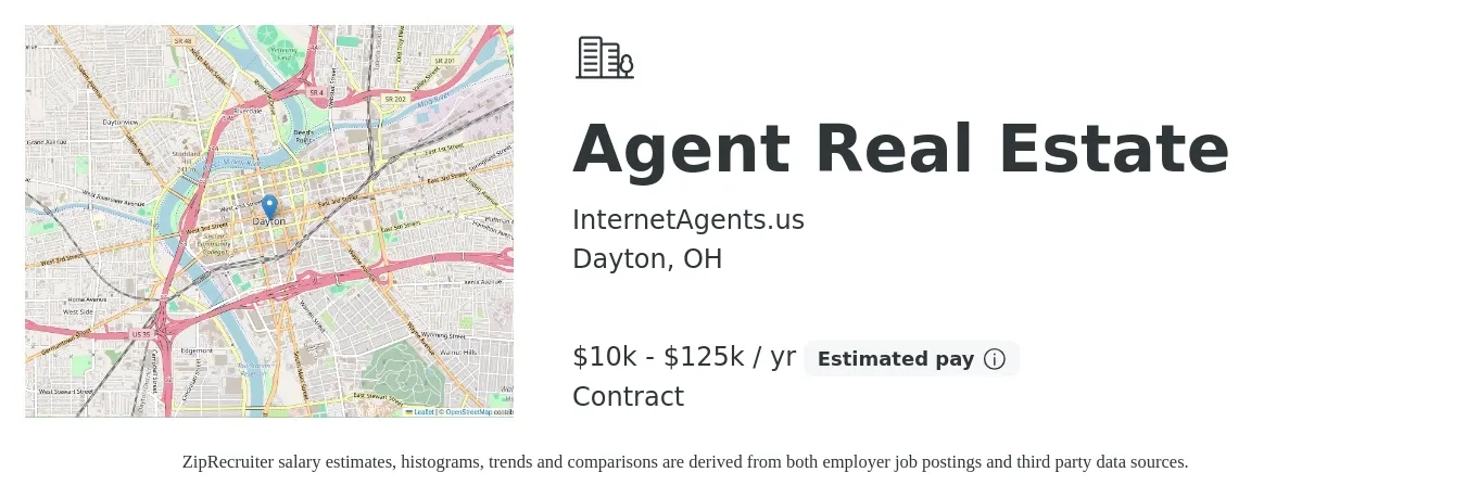 InternetAgents.us job posting for a Agent Real Estate in Dayton, OH with a salary of $10,000 to $125,000 Yearly with a map of Dayton location.